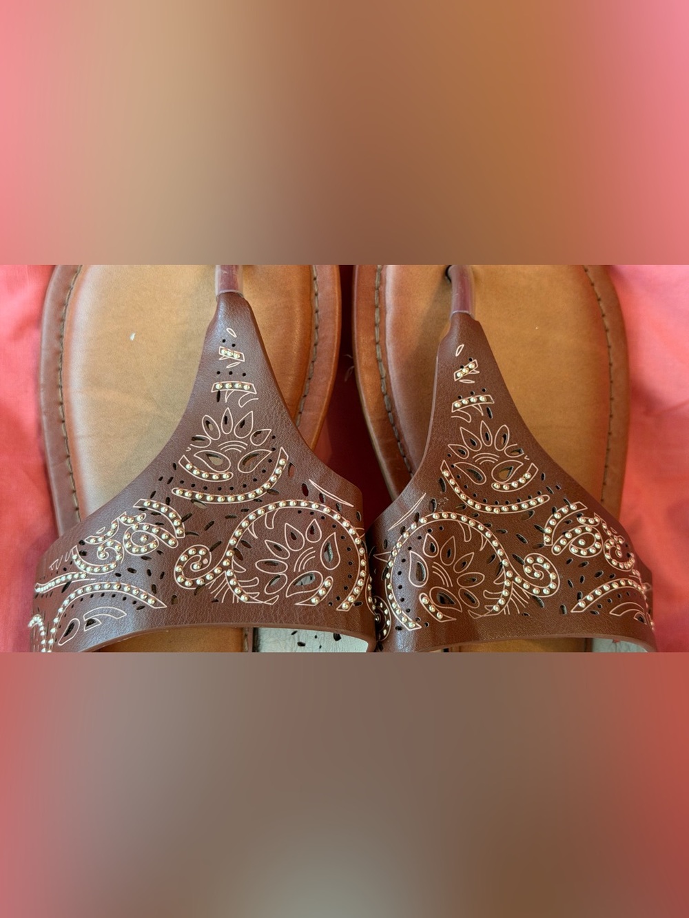 Women's Brown Embellished Thong Sandals with Cutout Detail